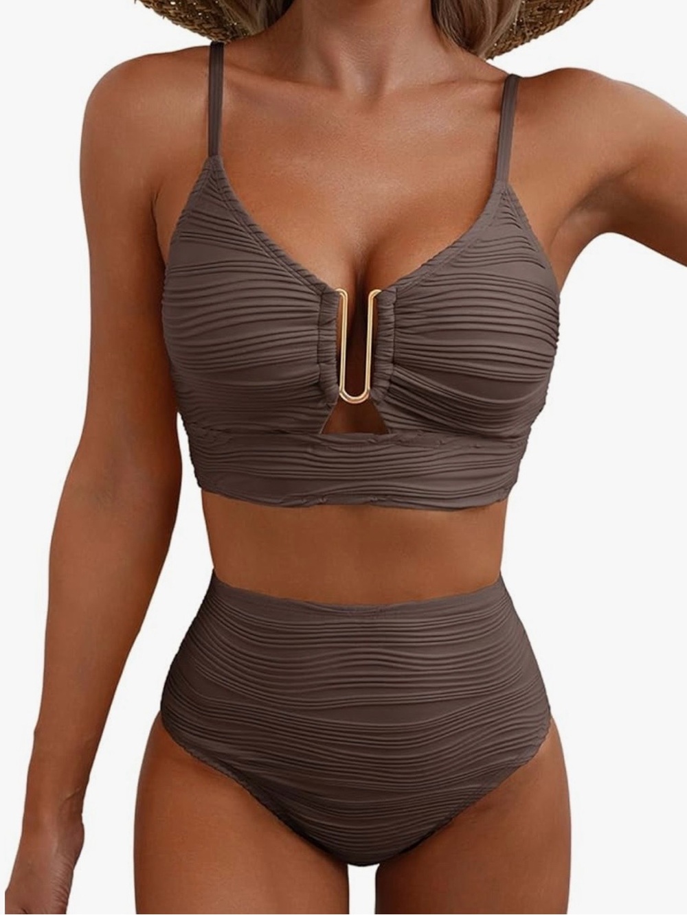 Ruched High-Waist Brown Bikini Set with Gold U-Detail